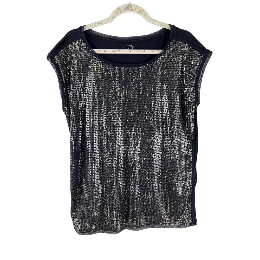 Ann Taylor LOFT Silver Black Short Sleeve Top Round Neck Short Sleeve Sz Large